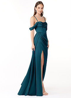 Azazie Amyra Robes de demoiselle d'honneur Robe Fourreau Convertible en Satin extensible Épaule décolletée Bleu Encre image7