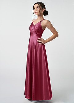 Azazie Avelina Junior A-Linie Plissee Metallischer Satin Kleid Burgunderrot image3