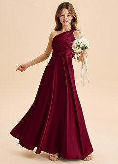 Azazie Charlize Junior Burgundy A-Line Pleated Stretch Satin Dress image4