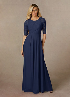 Azazie Raelyn At-home Try On Dresses Dark Navy A-Line Lace Mesh Dress image4