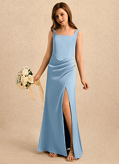 Azazie Noah Girls Formal Blumenmädchenkleider Etui Plissee Stretch-Satin Kleid Puderblau image1