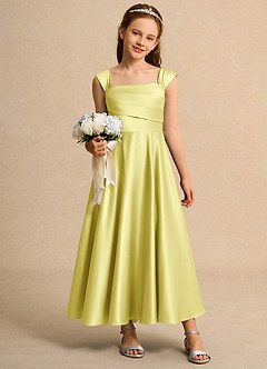 Azazie Bundle Girls Formal Flower Girl Dresses Lemon Sorbet A-Line Pleated Matte Satin Dress image3