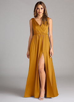 Azazie Tanicia Robes de demoiselle d'honneur Robe Trapèze en Satin extensible Plissée Caramel écossais image1