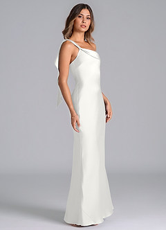 Azazie Driea Robes de demoiselle d'honneur Robe Sirène en Satin extensible Asymétrique Blanc image4