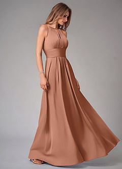 Azazie Bonnie Bridesmaid Dresses Bronzer A-Line Pleated Stretch Satin Dress image4