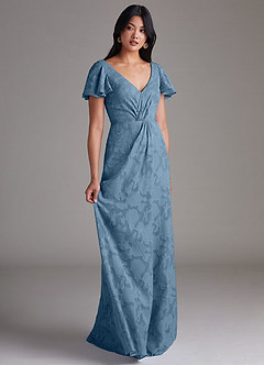 Azazie Soren Bridesmaid Dresses Steel Blue A-Line Pleated Floral Burnout Dress image2