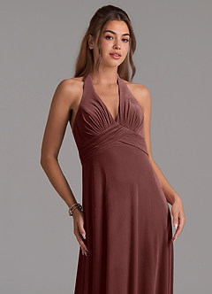 Azazie Tessie Bridesmaid Dresses Espresso A-Line Pleated Velvet Dress image3