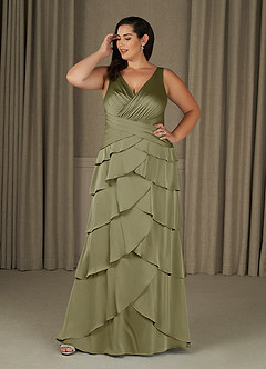 Azazie Viola Mother of the Bride Dresses Pistachio A-Line Pleated Stretch Satin Dress image6