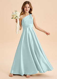 Azazie Charlize Junior Abito A-Line in Raso Elasticizzato Plissettato Sea Glass image1