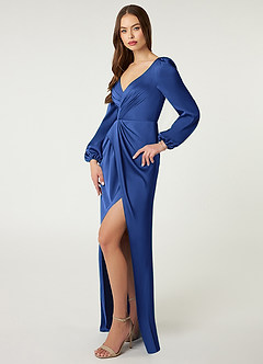 Azazie Mel Bridesmaid Dresses Royal Blue Sheath Long Sleeve Stretch Satin Dress image3