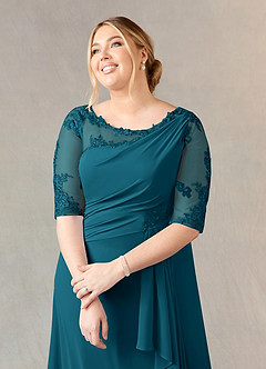 Azazie Dionysus Mother of the Bride Dresses Ink Blue A-Line Boatneck Lace Chiffon Dress image10