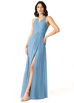 Azazie Danica Bridesmaid Dresses Steel Blue A-Line Pleated Chiffon Dress image3