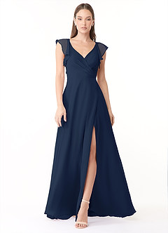 Azazie Yoko Bridesmaid Dresses Dark Navy A-Line Ruched Chiffon Dress image1