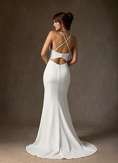 Azazie Iden Wedding Dresses Diamond White Champagne Mermaid V-Neck Stretch Crepe Dress image5