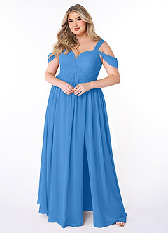Azazie Lianne Robes de demoiselle d'honneur Robe Trapèze en Mousseline de soie Épaule décolletée Geai Bleu image7