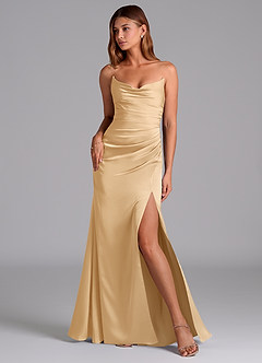 Azazie Claudelle Jurken voor bruidsmeisjes Jurk van Stretch Satijn met Zeemeermin Strapless Goud image1