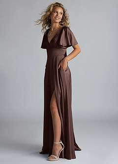 Azazie Kimber Bridesmaid Dresses Ganache A-Line Ruched Stretch Satin Dress image6