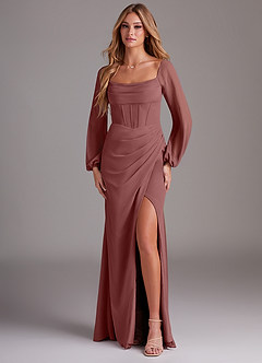 Azazie Charissa Robes de demoiselle d'honneur Robe Fourreau en Mousseline de soie Manche longue Rose Du Désert image1