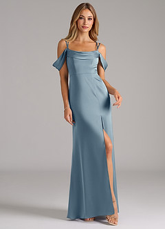 Azazie Callan Bridesmaid Dresses Dusty Blue A-Line Pleated Stretch Satin Convertible Dress image4