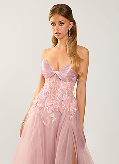 Rosalina Roz Rochie de bal cu corset și șireturi la spate, cu flori 3D image6