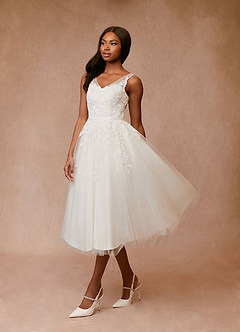 Azazie Dolores Wedding Dresses A-Line V-Neck lace Satin Tea-Length Dress image3