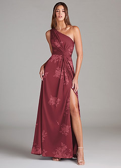 Azazie Brooke Bridesmaid Dresses Burgundy Floral Bouquet A-Line One Shoulder Stretch Satin Dress image1