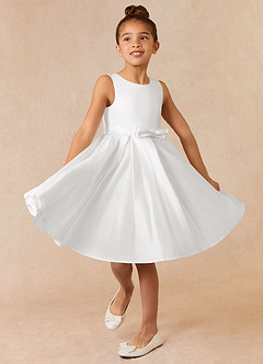 Azazie Coco Blumenmädchenkleider A-Linie Schleifen Matte Satin Kleid Weiß image1