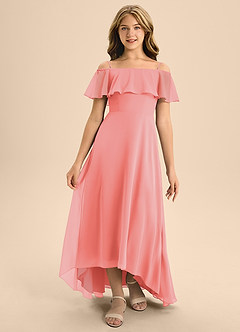 Azazie Maggie Junior Coral A-Line Off the Shoulder Chiffon Dress image5