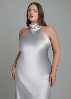Azazie Velli Bridesmaid Dresses Silver Sheath High Neck Metallic Satin Dress image9