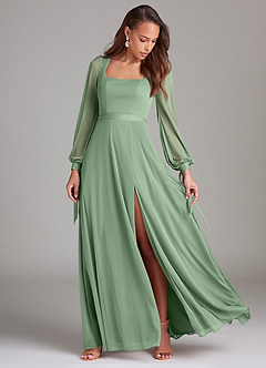 Azazie Leonia Brautjungfernkleider A-Linie Langarm Gittergewebe Kleid Matcha image2