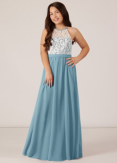 Azazie Fahari Junior Moody Blue A-Line Lace Chiffon Dress image2