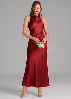 Azazie Evadne Bridesmaid Dresses Scarlet Sheath Pleated Stretch Satin Dress image3