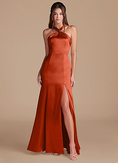 Azazie Rue Bridesmaid Dresses Paprika Sheath Pleated Metallic Satin Dress image1