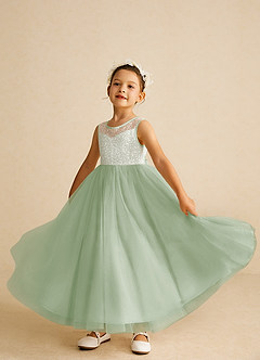 Azazie Tay Robe Demoiselle D'honneur Fillette Robe Trapèze en Tulle Paillettes Vert Sauge image6