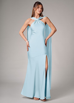 Azazie Kinsley Vestidos de madrinha de casamento Vestir Céu Azul de Cetim elástico de sereia com Fenda Lateral image5