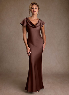 Azazie Shelby Mother of the Bride Dresses Espresso Mermaid Pleated Stretch Satin Dress image4