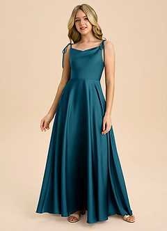 Azazie Popsy Junior Ink Blue A-Line Bow Stretch Satin Dress image3