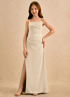Azazie Cannoli Girls Formal Robe Demoiselle D'honneur Fillette Robe Trapèze en Mousseline de soie Plissée Champagne image5