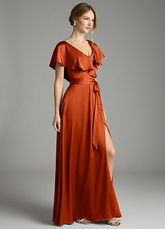Azazie Lainey Bridesmaid Dresses Paprika A-Line with Pockets Stretch Satin Dress image5