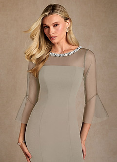 Azazie Bellevie Abiti per la Madre della Sposa Abito Tubino in Crepe Elasticizzato Perline Taupe image6