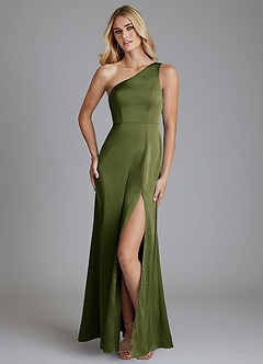 Azazie Phaedra Vestidos de damas de honor Vestido de Oliva de Satén Elástico de Corte en A con Hombro unilateral image1