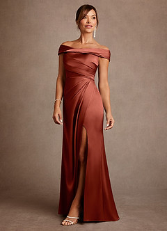Azazie Bedford Mother of the Bride Dresses Terracotta Sheath Pleated Stretch Satin Dress image2