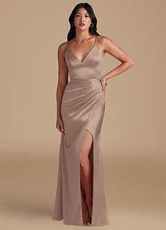 Azazie Shania Bridesmaid Dresses Taupe Sheath Pleated Metallic Satin Dress image5