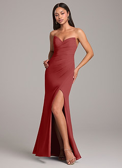 Azazie Yola Bridesmaid Dresses Rust Sheath Pleated Chiffon Convertible Dress image4