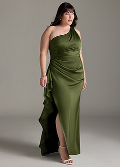 Azazie Latrice Bridesmaid Dresses Olive Sheath One Shoulder Cascading Ruffles Stretch Satin Dress image9