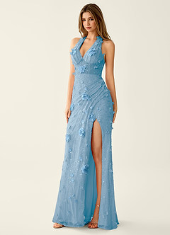 Blairsofire Blue 3D Flower Beading Sequin Embroidery Mesh Prom Dress image3