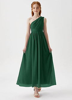 Azazie Anissa Junior Abito A-Line in Chiffon Plissettato Verde Scuro image5