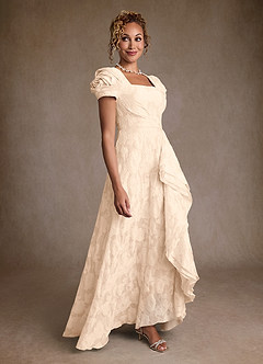 Azazie Hermina Mother of the Bride Dresses Cream Jacquard A-Line Pleated Floral Jacquard Dress image3