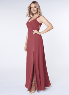 Azazie Nahrin Bridesmaid Dresses Merlot A-Line V-Neck Pleated Chiffon Dress image3