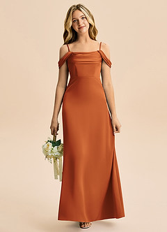 Azazie Lettie Junior A-linja Olkapään ulkopuolella Joustava satiini Lattian pituus Nuorempi morsiusneito Pukeutua image2